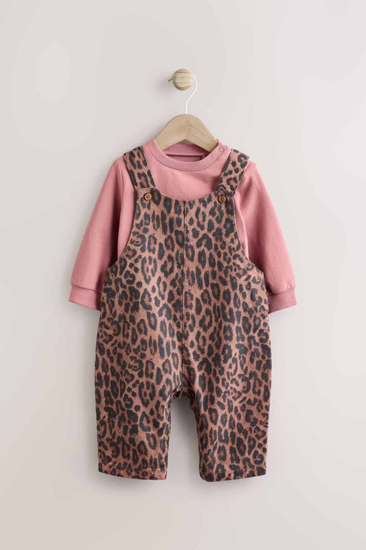 Tan Brown Leopard Print Baby Long Sleeve Bodysuit & Dungarees Set
