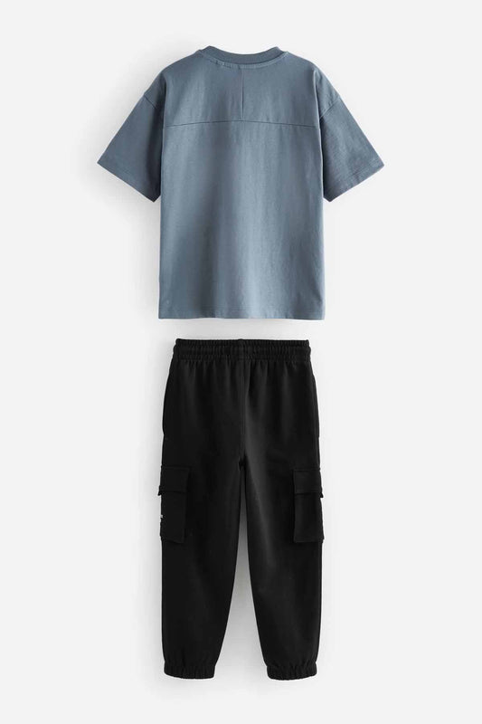 Grey/Blue Utility 100% Cotton Short Sleeve T-Shirt and Joggers Set