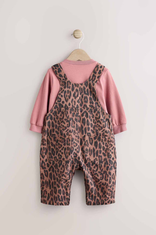 Tan Brown Leopard Print Baby Long Sleeve Bodysuit & Dungarees Set