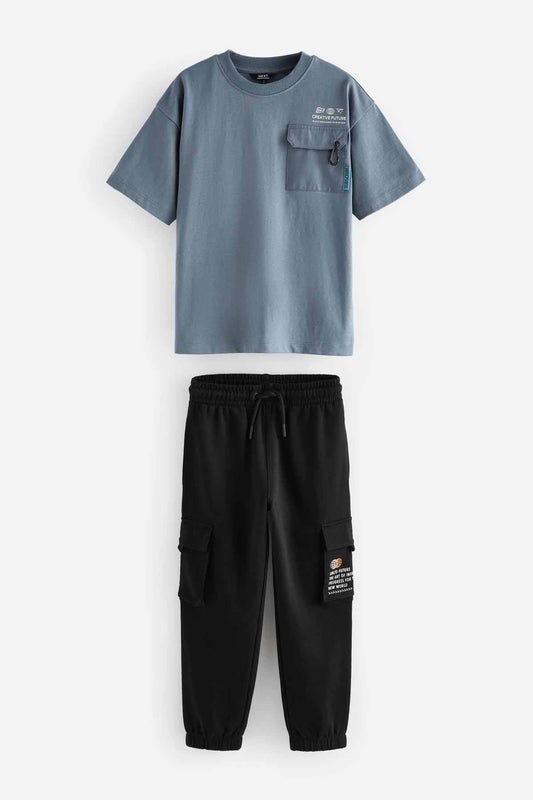 Grey/Blue Utility 100% Cotton Short Sleeve T-Shirt and Joggers Set