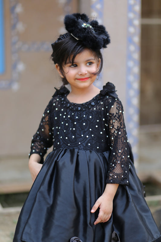 Black Emb Net With 3D Bow Long Frock