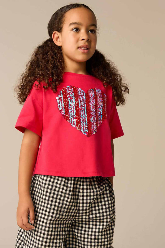 Red 100% Cotton Sequin Heart Print T-Shirt