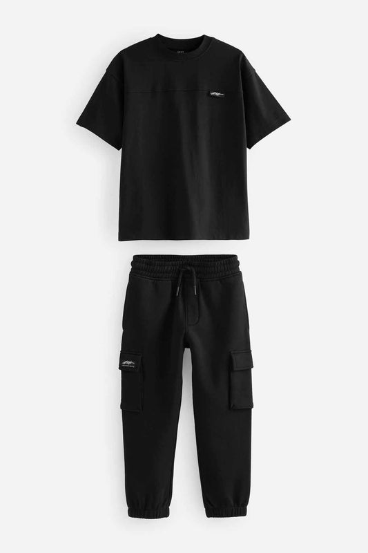 Black 100% Cotton Short Sleeve Utility T-Shirt and Joggers Set