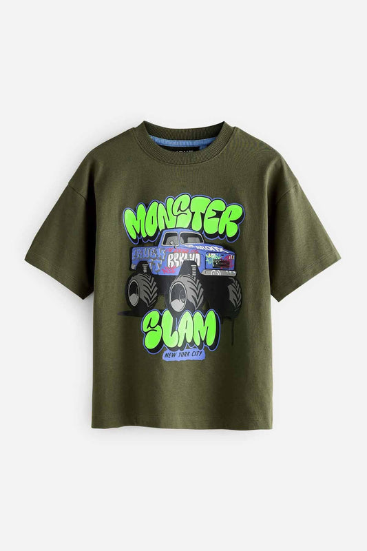 Khaki Green Truck Relaxed Fit Short Sleeve Graphic Print T-Shirt