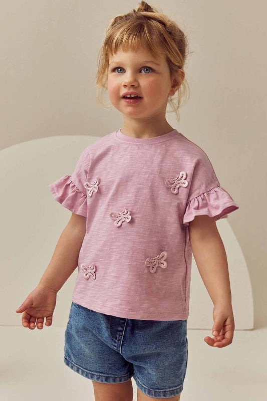 Pink Short Sleeve Butterfly Appliqué 100% Cotton T-Shirt