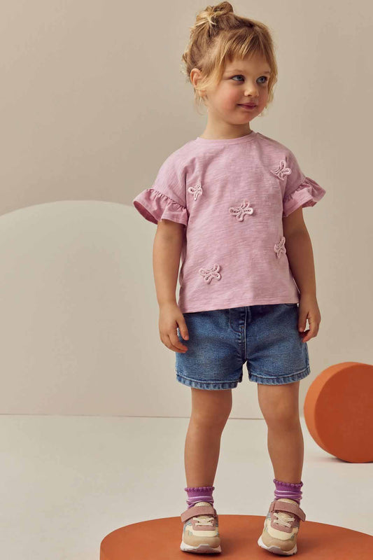 Pink Short Sleeve Butterfly Appliqué 100% Cotton T-Shirt
