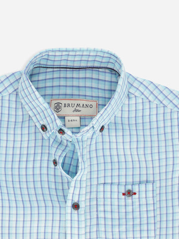 Aqua Blue CottonLinen Checkered Half Sleeve Casual Shirt Brumano Pakistan