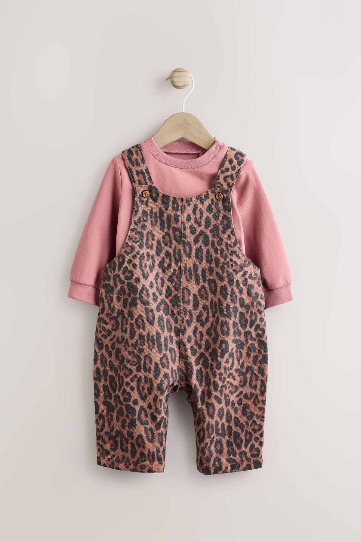 Tan Brown Leopard Print Baby Long Sleeve Bodysuit & Dungarees Set