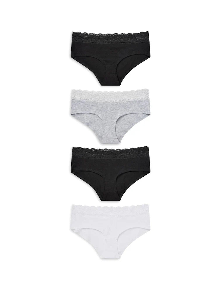 White/Black/Grey Short Cotton and Lace Knickers 4 Pack