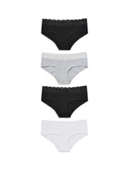 White/Black/Grey Short Cotton and Lace Knickers 4 Pack