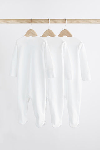 White 3 Pack Cotton Baby Sleepsuits