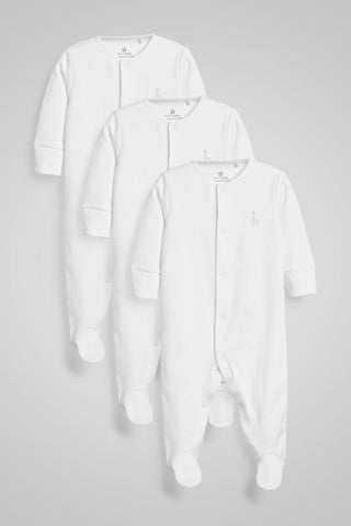 White 3 Pack Cotton Baby Sleepsuits