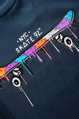 Navy Blue Skateboard Relaxed Fit Long Sleeve Graphic T-Shirt