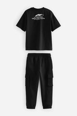 Black 100% Cotton Short Sleeve Utility T-Shirt and Joggers Set