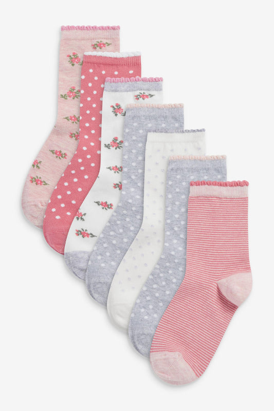 NEXT - Pink 7 Pack Cotton Rich Pretty Ankle Socks