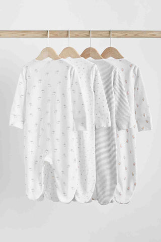 White 4 Pack Baby Delicate Animal Printed 100% Cotton Sleepsuits