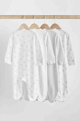 White 4 Pack Baby Delicate Animal Printed 100% Cotton Sleepsuits