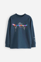 Navy Blue Skateboard Relaxed Fit Long Sleeve Graphic T-Shirt