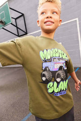 Khaki Green Truck Relaxed Fit Short Sleeve Graphic Print T-Shirt