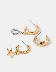 3-Pack Starfish Charm Hoop Drop Earrings