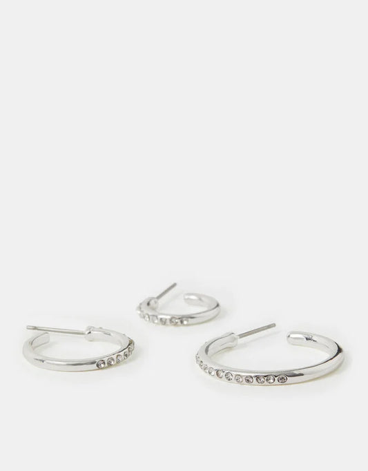 3-Pack Diamanté Hoop Earrings Silver