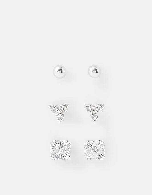 3-Pack Clove Stud Earrings - Silver