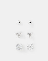 3-Pack Clove Stud Earrings - Silver
