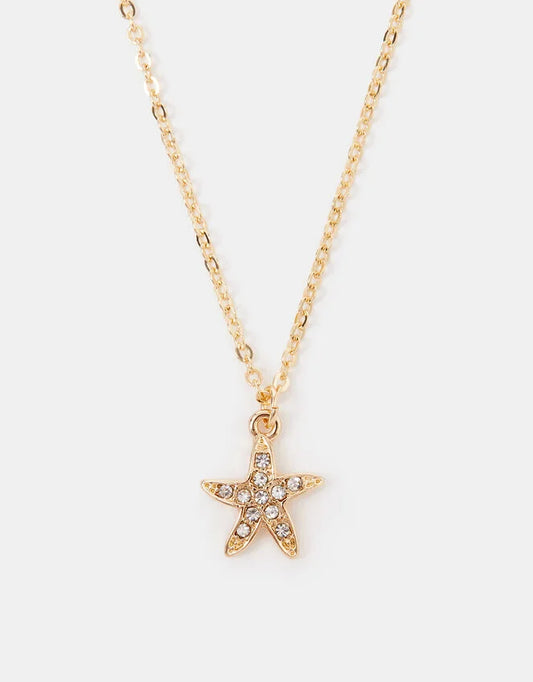 Diamanté Starfish Pendant Necklace Gold