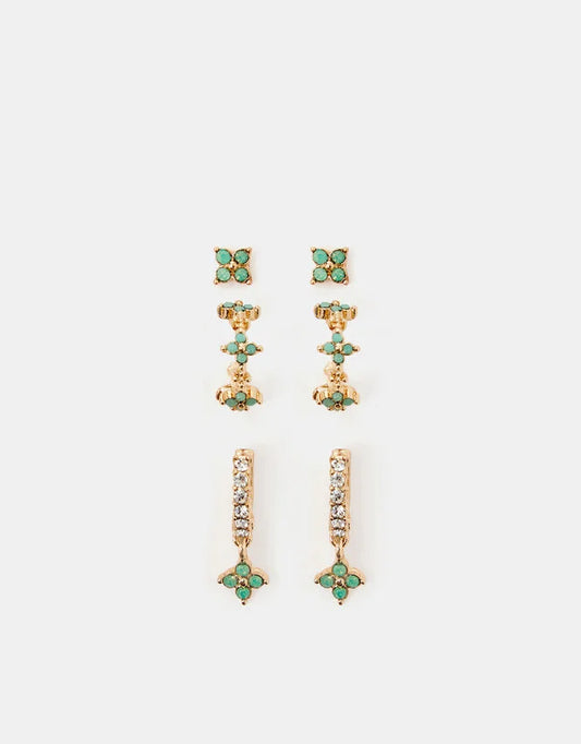 3-Pack Flower Stud & Hoop Earrings - Green