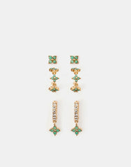 3-Pack Flower Stud & Hoop Earrings - Green