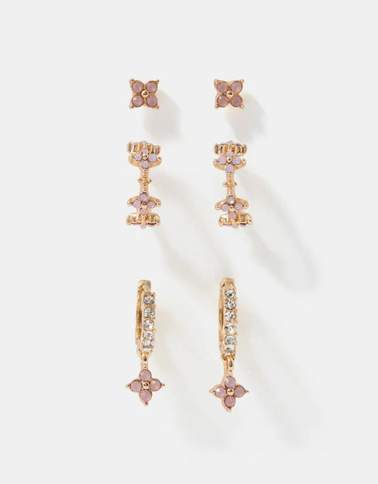 3-Pack Flower Stud & Hoop Earrings - Pink