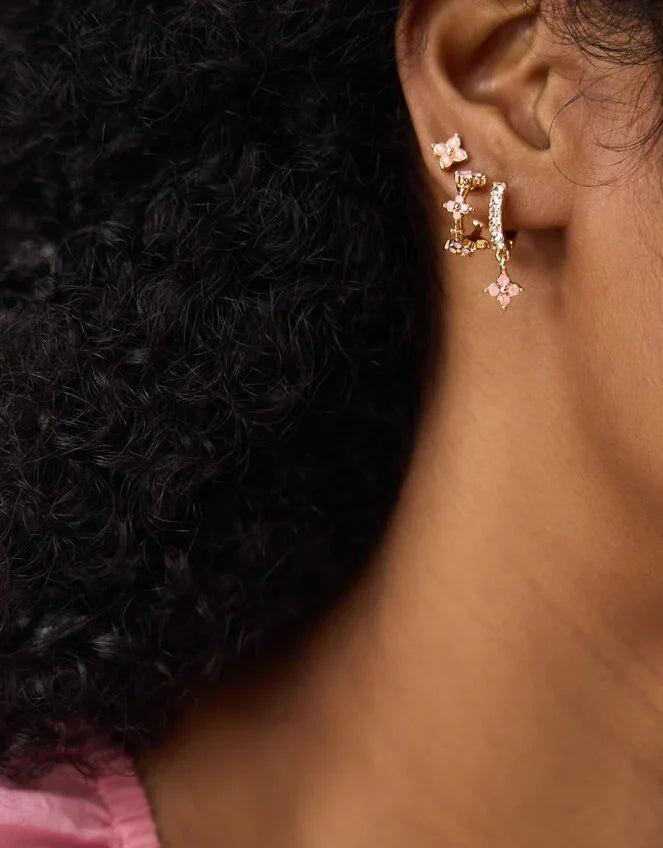 3-Pack Flower Stud & Hoop Earrings - Pink