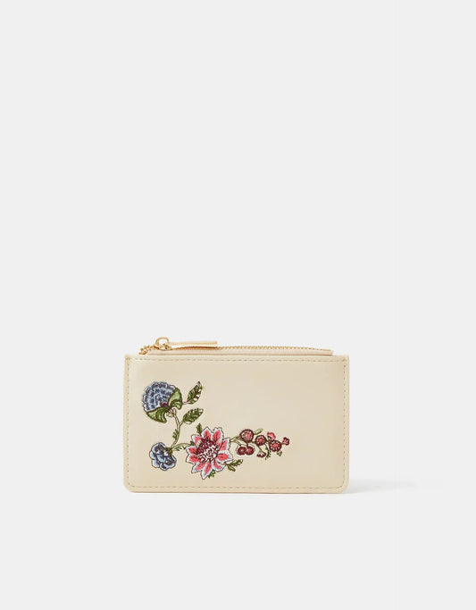 Floral Embroidered Card Holder-Cream