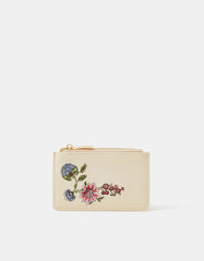 Floral Embroidered Card Holder-Cream