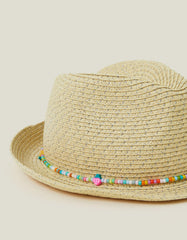 Girls Beaded Band Straw Hat Natural