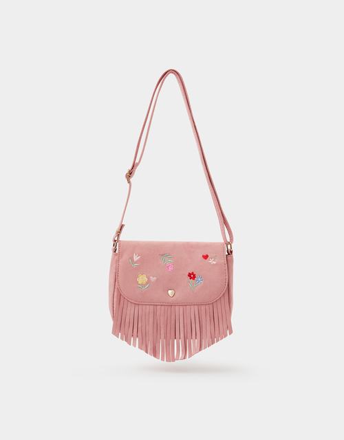 Girls Floral Embroidered Fringe Crossbody Bag