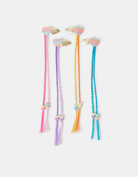 4-Pack Girls Rainbow Heart Fake Hair Clips