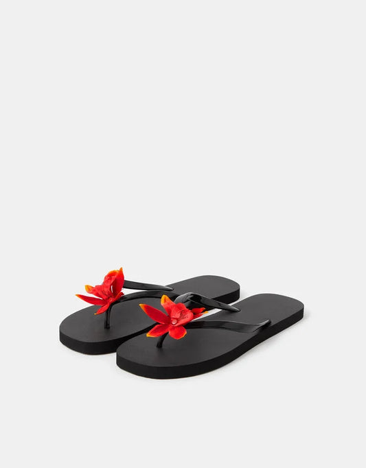 Tropical Flower Flip Flops Black