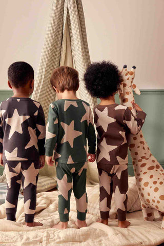 Green/Ecru/Brown Stars 3 Pack Snuggle 100% Cotton Pyjamas