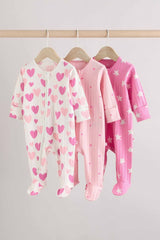 Pink Baby Pink Heart Printed 100% Cotton Sleepsuit 3 Pack