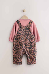 Tan Brown Leopard Print Baby Long Sleeve Bodysuit & Dungarees Set
