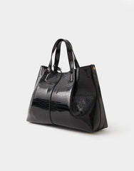 Faux Croc Skin Patent Tote Bag Black