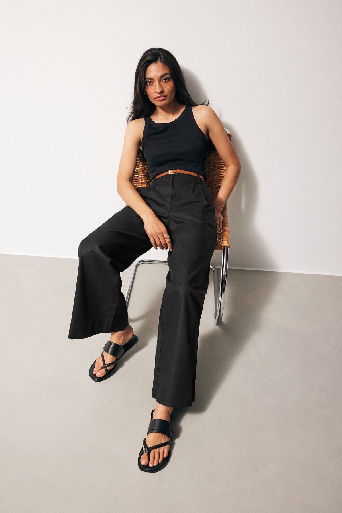 Black Cotton Mix Smart Wide Leg Trousers