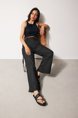 Black Cotton Mix Smart Wide Leg Trousers