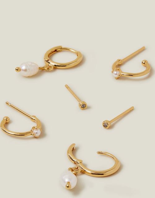 3-Pack 14ct Gold-Plated Pearl and Stud Hoop Earrings