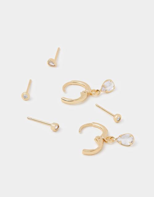 3-Pack 14ct Gold-Plated Pear Stud & Hoop Earrings