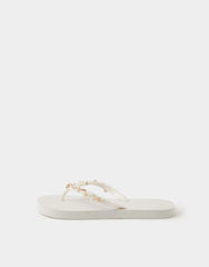 Bead Embellished Flip Flops White