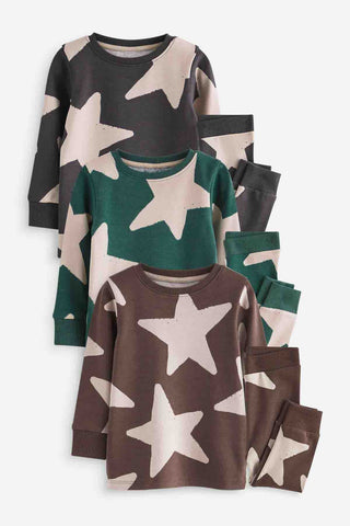 Green/Ecru/Brown Stars 3 Pack Snuggle 100% Cotton Pyjamas