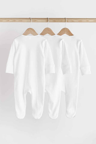 White Essential Zipped 100% Cotton Baby Sleepsuits 3 Pack