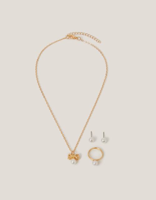 Pearl Bow Pendant Jewellery Set Gold